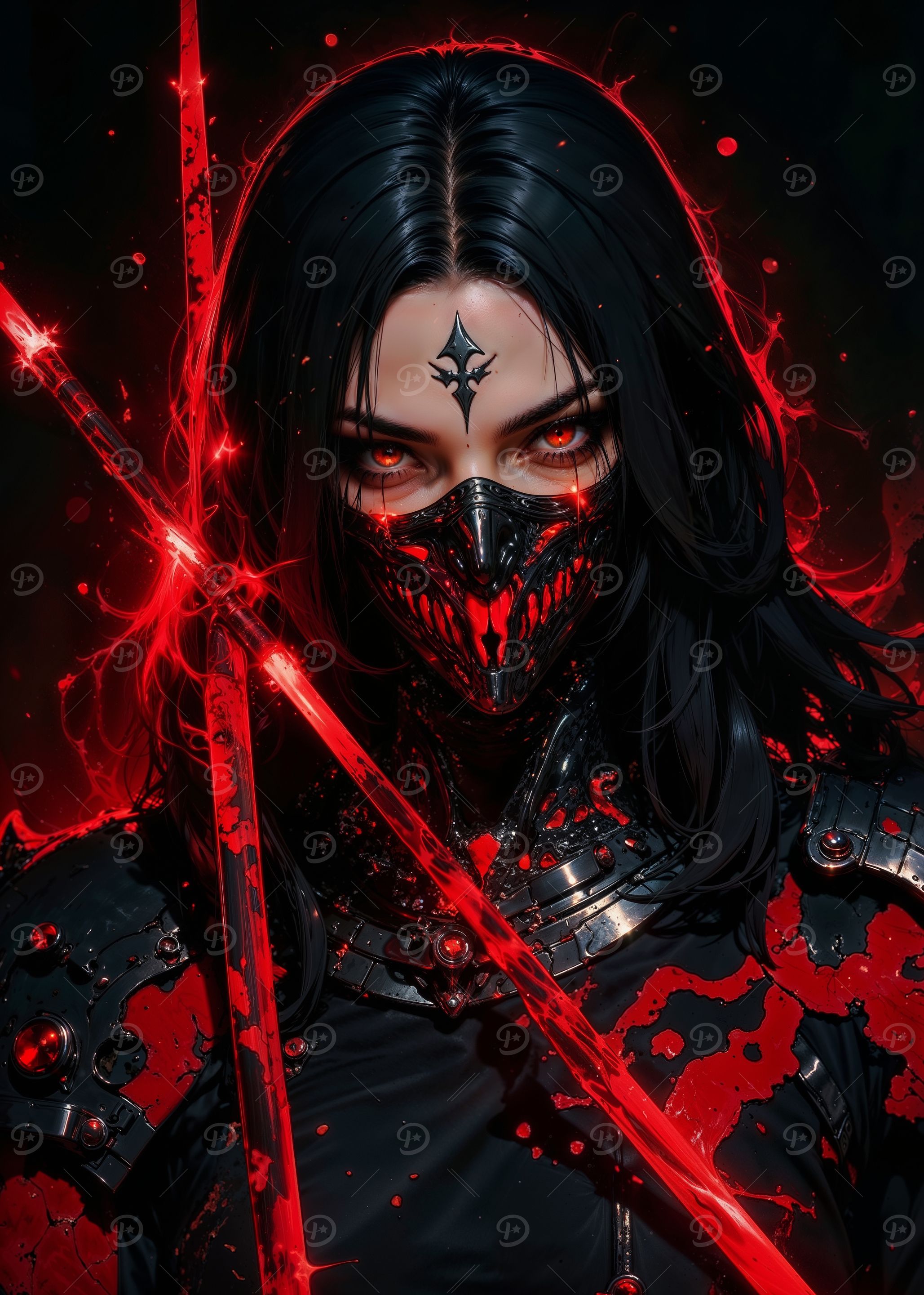 Dark Masked Assassin with Red Energy Swords – Gothic Warrior Fantasy Art