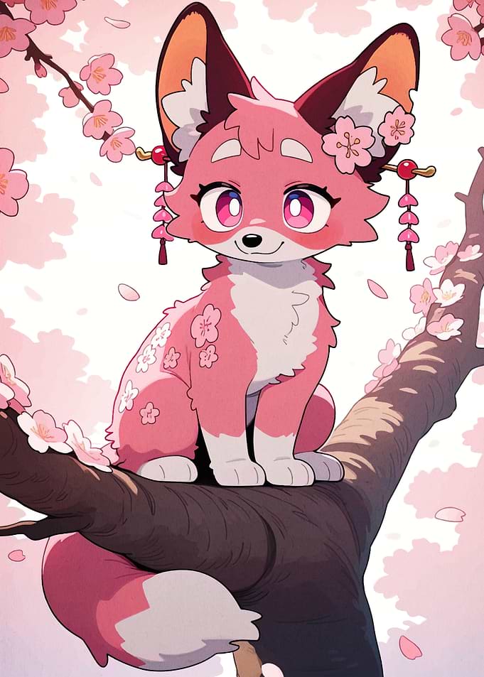 Pink Fox with Cherry Blossoms