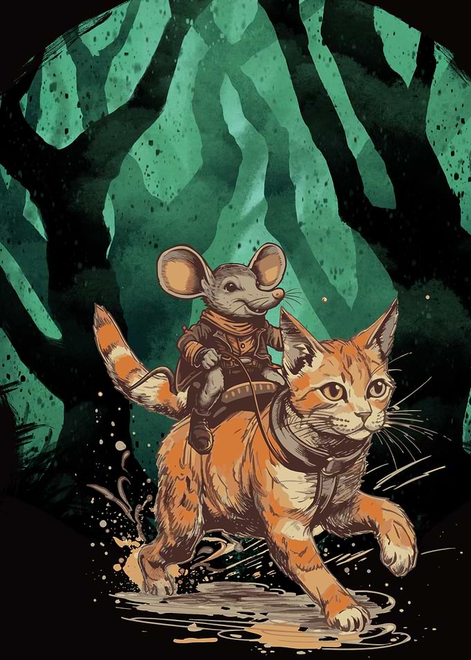 Mouse riding a cat illustration