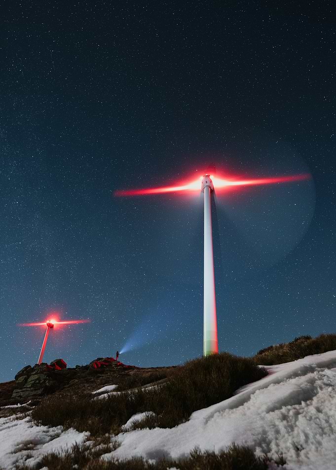 Wind Turbines at Night with Stars