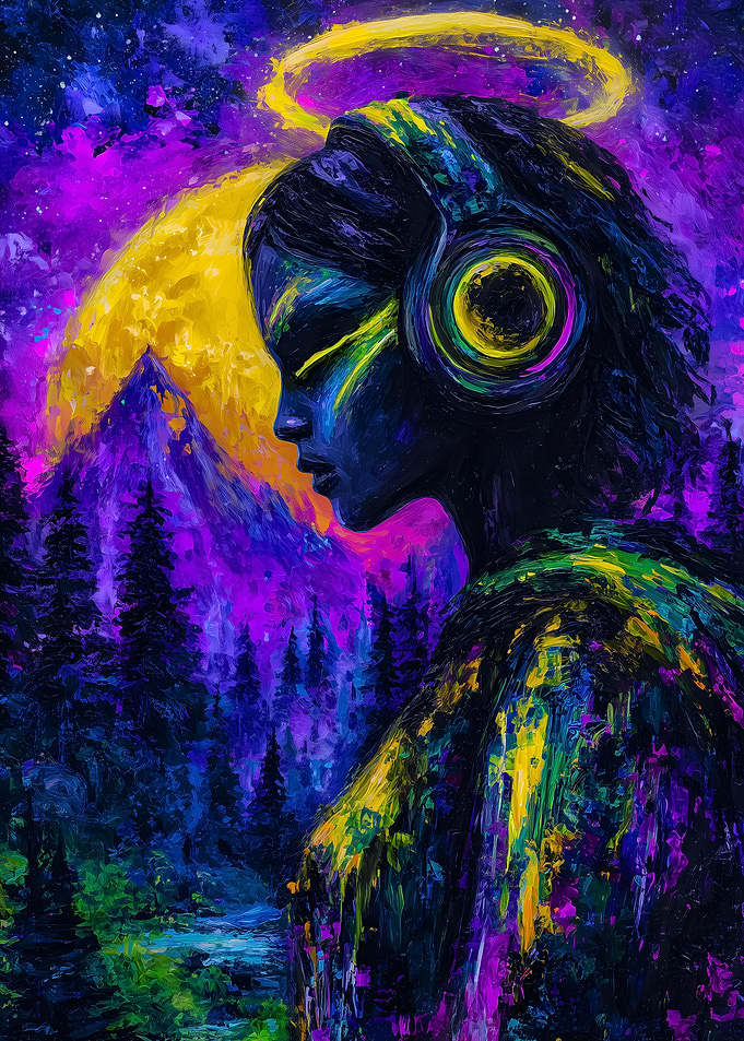 Woman with Headphones in Colorful Landscape