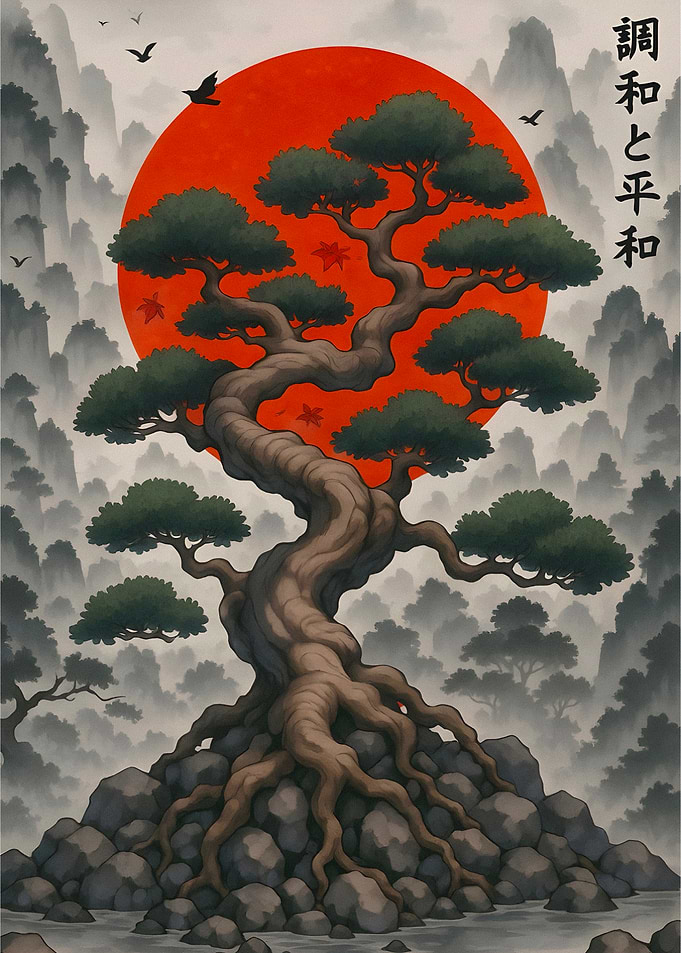 Japanese Bonsai Tree with Red Sun