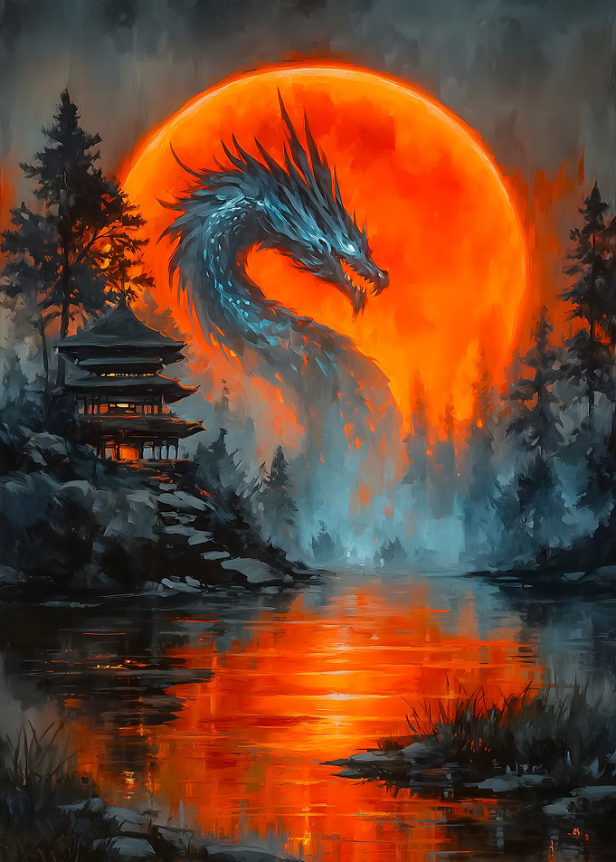 Dragon, Moon, and Pagoda Landscape