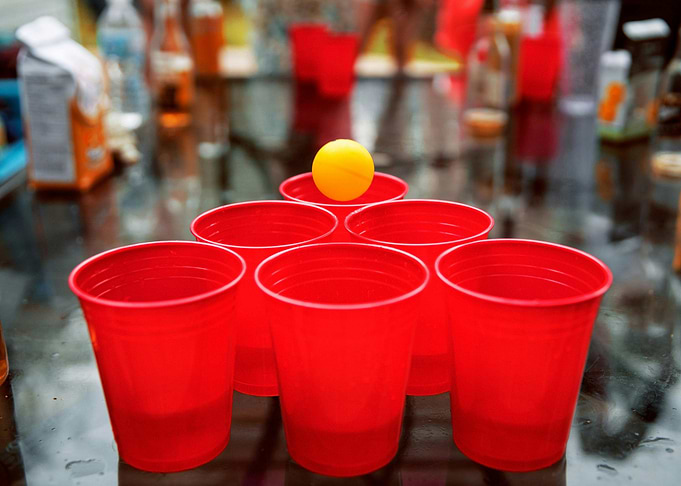 Beer Pong Setup with Red Cups
