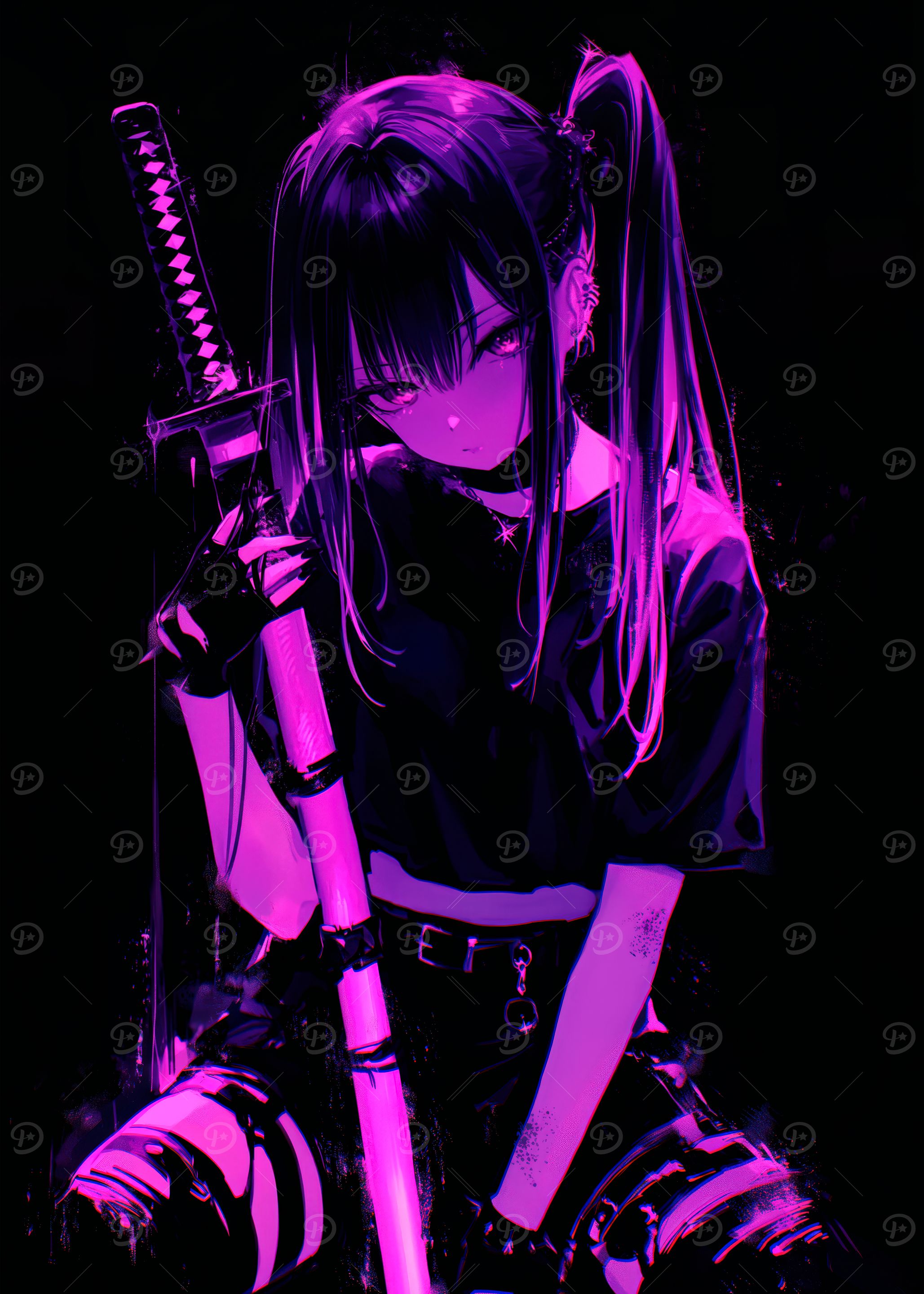Anime Girl with Katana, Purple Aesthetic