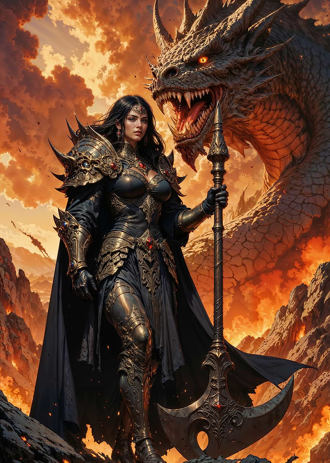 Dragon Queen Warrior – Dark Fantasy Art with Fire Dragon in Volcano Scene