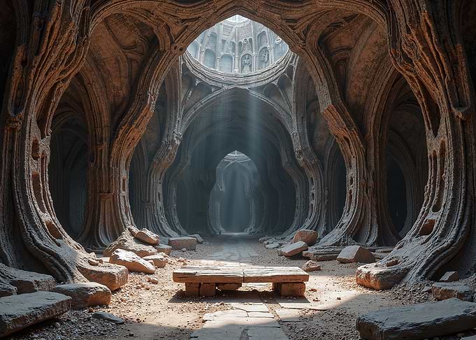 Ancient Stone Hall with Light Beams
