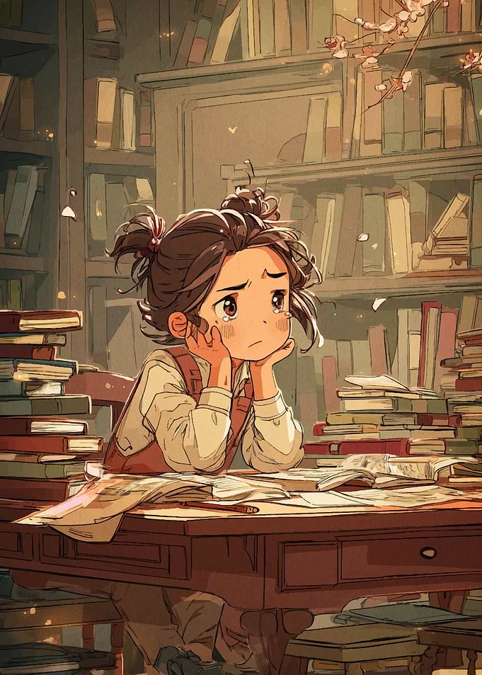 Sad Girl Surrounded by Books