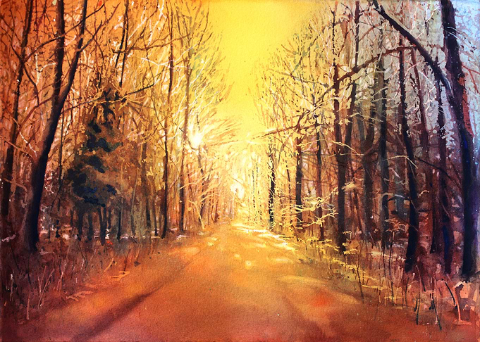 Watercolor Forest Path at Sunset