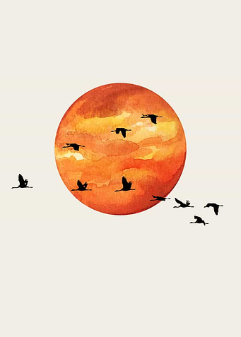Birds Flying Over Watercolor Sunset