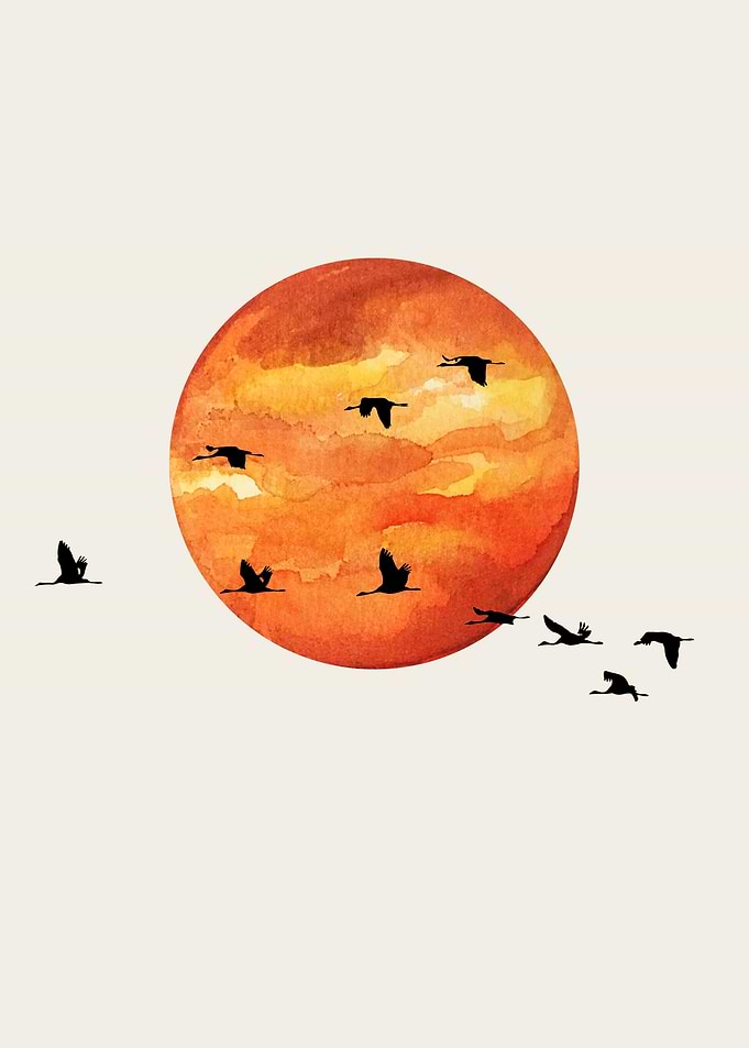 Birds Flying Over Watercolor Sunset
