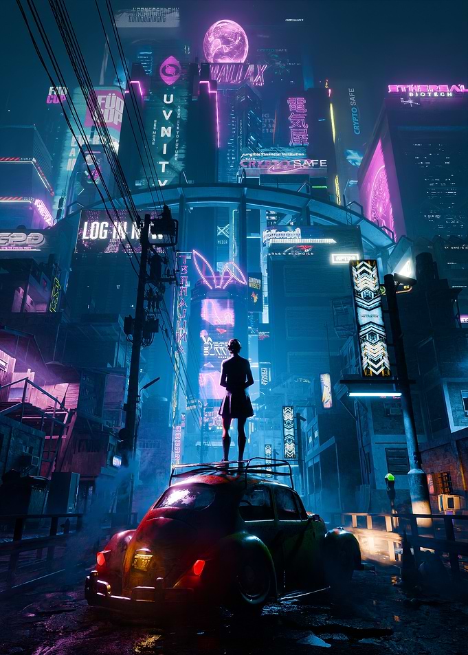 Cyberpunk Cityscape with Figure on Car