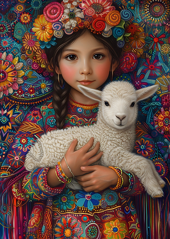 Girl with Lamb in Floral Splendor