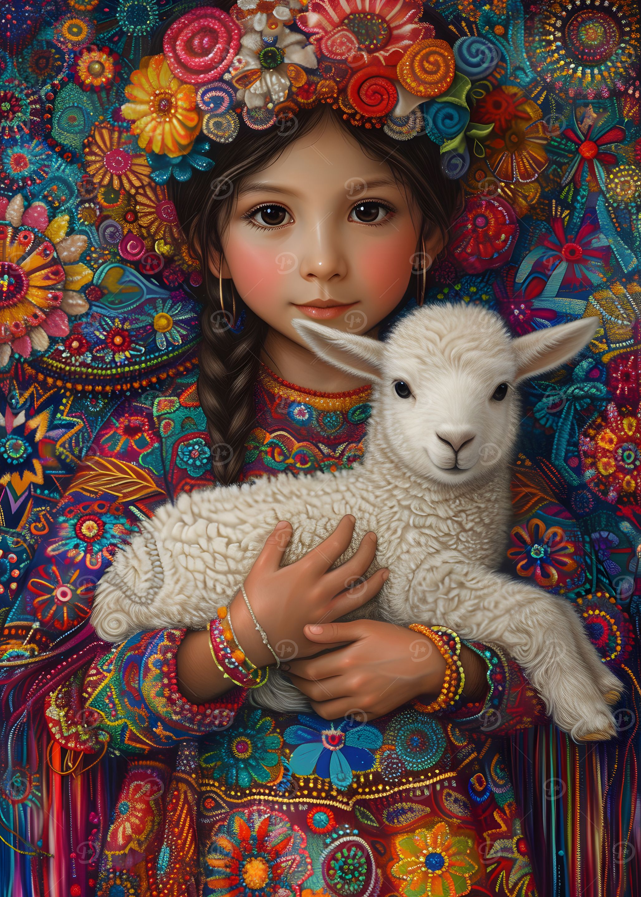Girl with Lamb in Floral Splendor