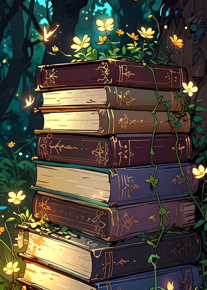 Stack of Books with Flowers and Vines