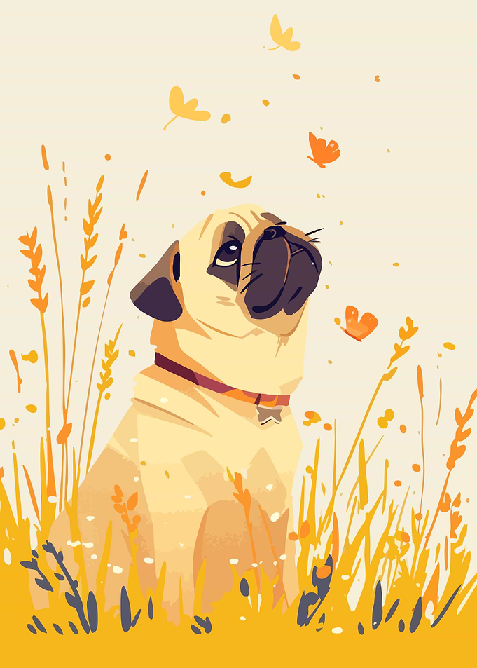 Pug in Field of Butterflies Minimalist Art Illustration