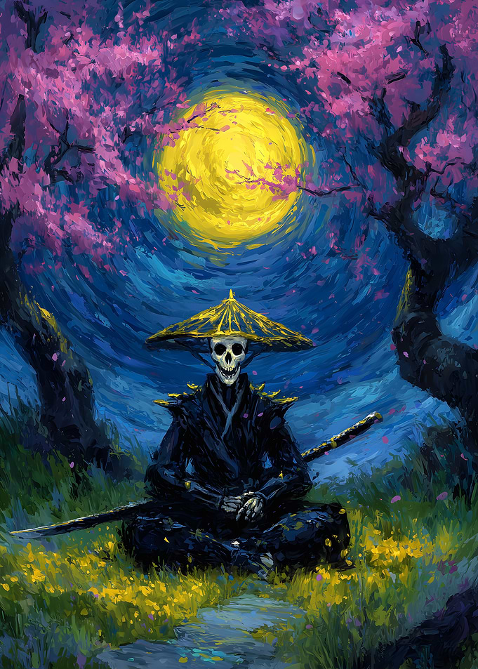 Samurai Skeleton Under Cherry Blossoms