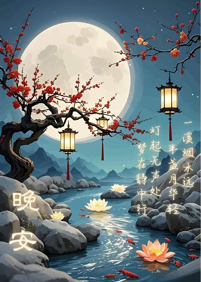 Moonlit Asian Landscape with Lanterns