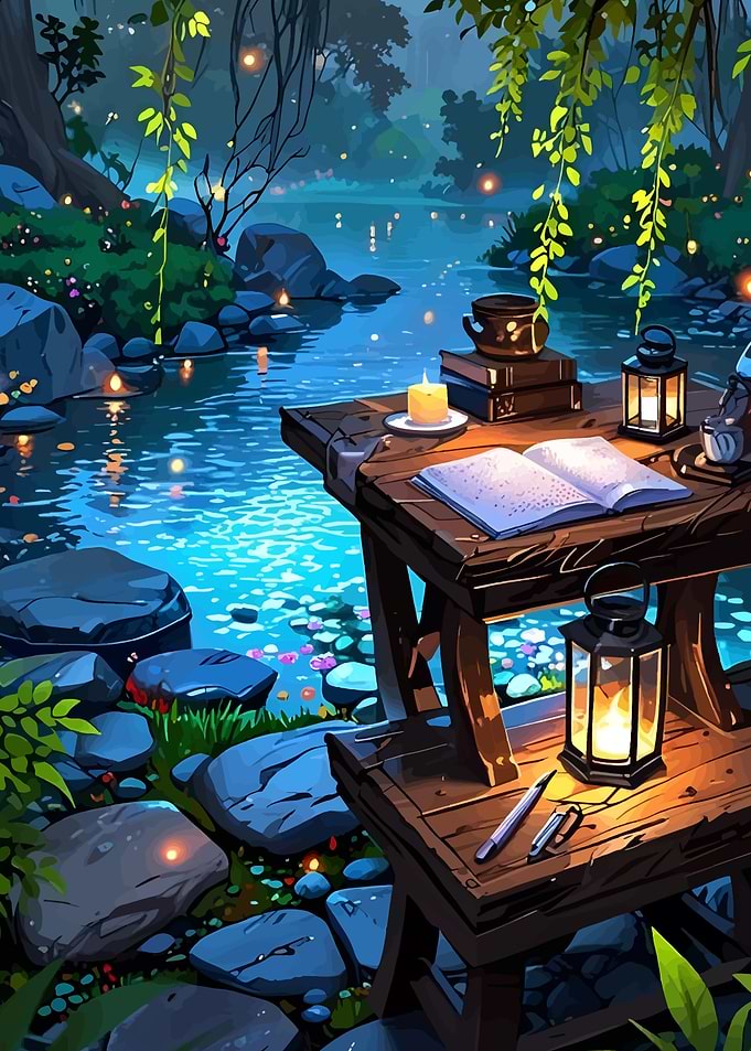 Riverside Study: Tranquil Scene with Desk