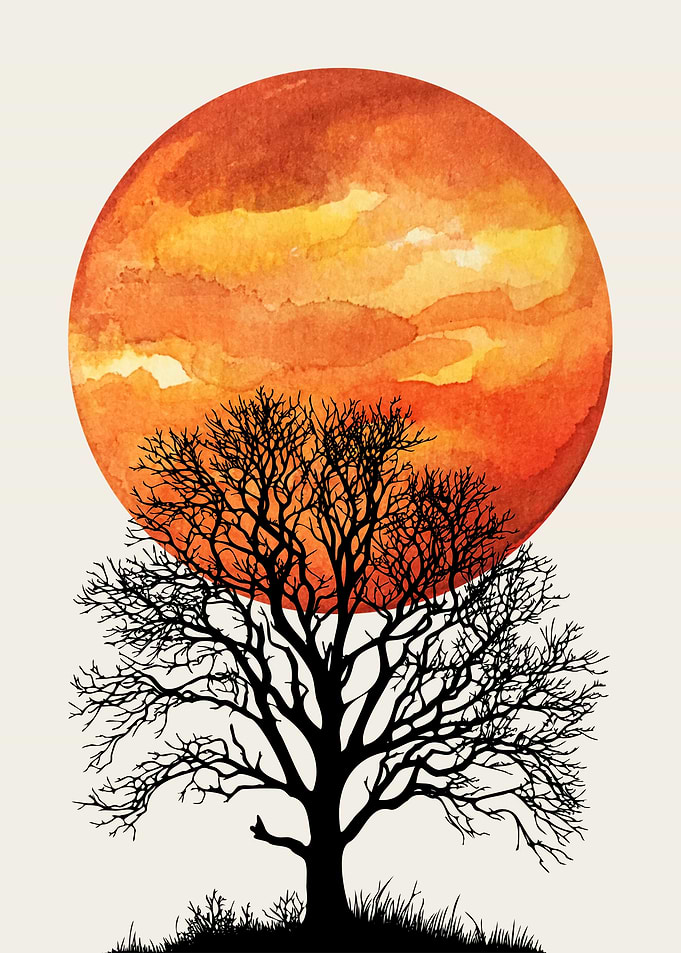 Silhouette Tree with Watercolor Sun