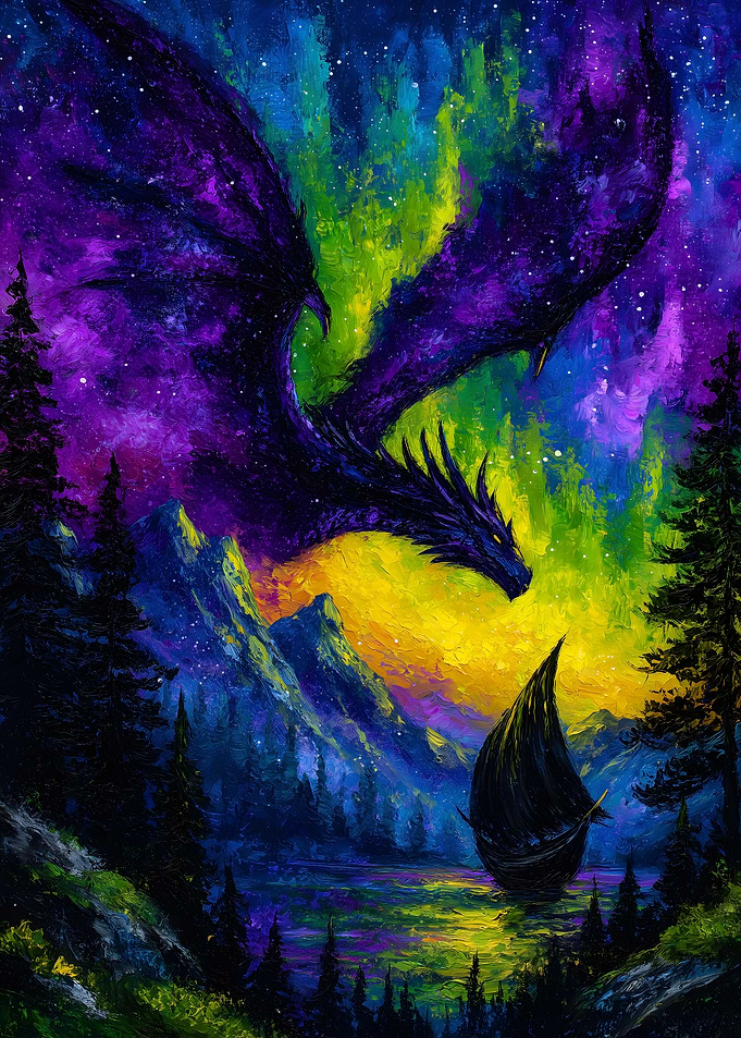 Dragon and Boat Under Aurora Painting