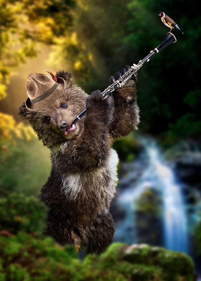 Bear playing clarinet with bird