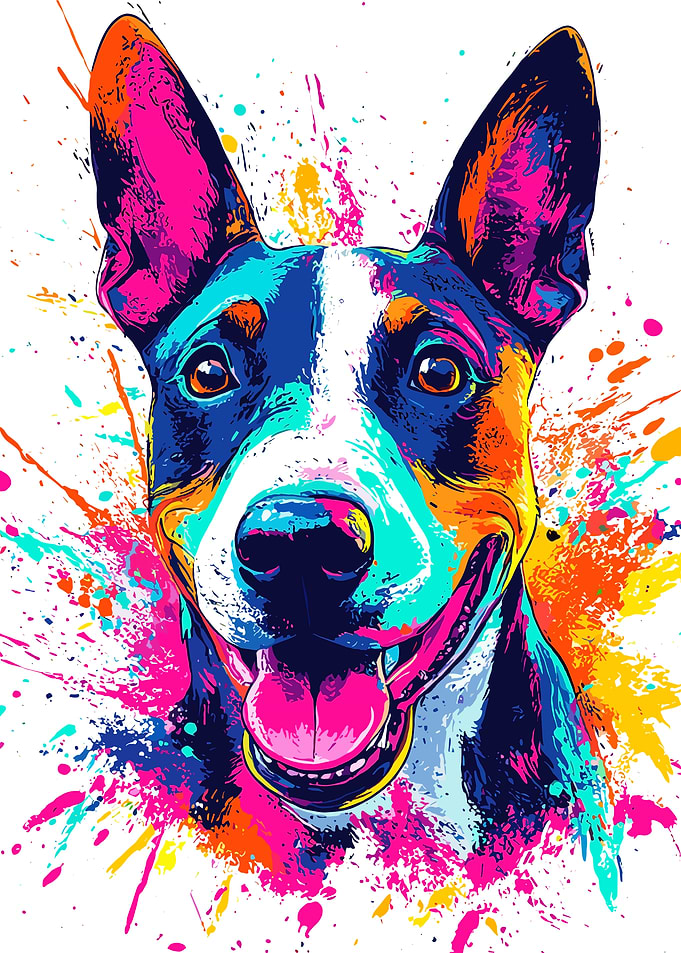 Colorful Dog Portrait with Paint Splatters