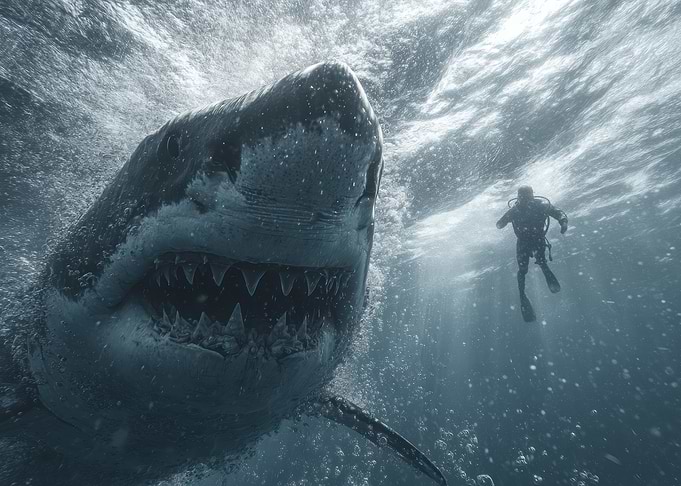Great White Shark and Diver
