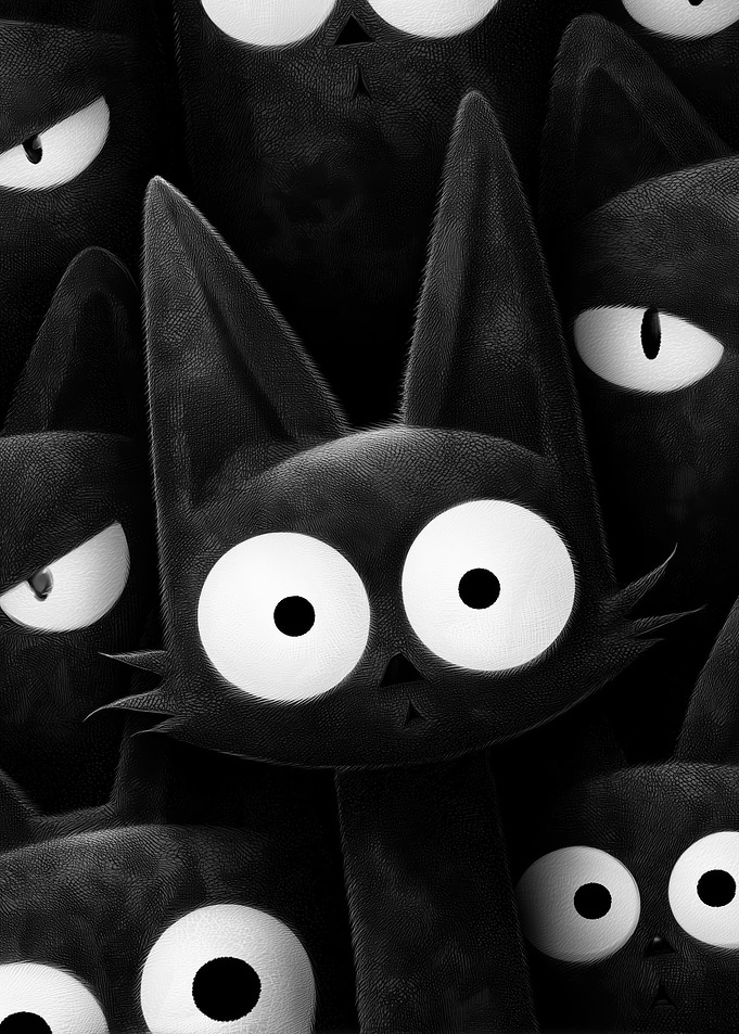 Cartoon Black Cats with Big Eyes