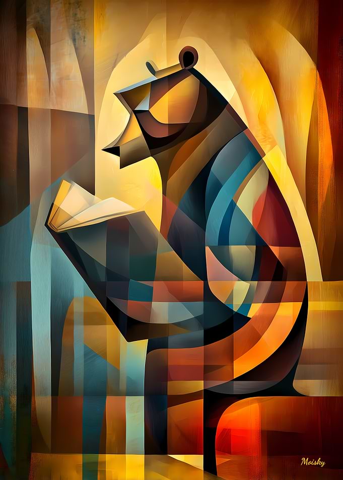 Charming Bear – Cubist Reader in Deep Thought