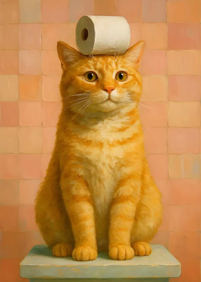 Cat with Toilet Paper on Head