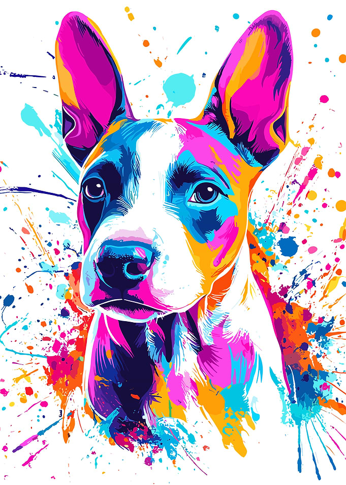 Colorful Dog Portrait with Paint Splatters