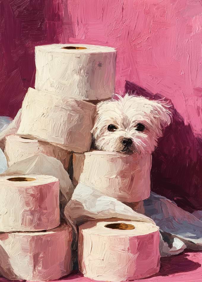 Maltese Dog with Toilet Paper Painting | Bathroom Wall Art