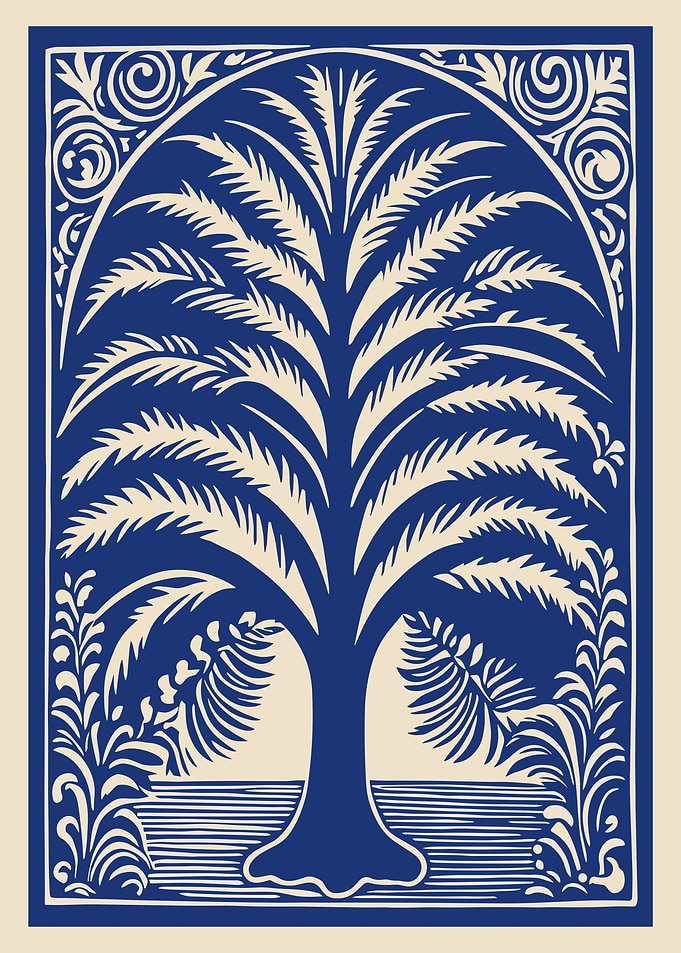 Palm Tree Illustration in Blue and Beige