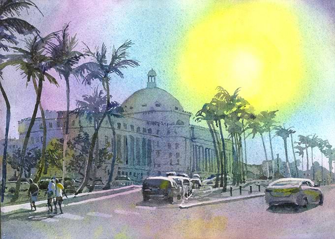 Watercolor Painting Puerto Rico Capitol – Fine Art Architecture, Caribbean Landscape, Home Decor, Interior Design, Gift for Him/Her