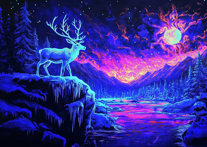 Neon Deer in Mountain Landscape