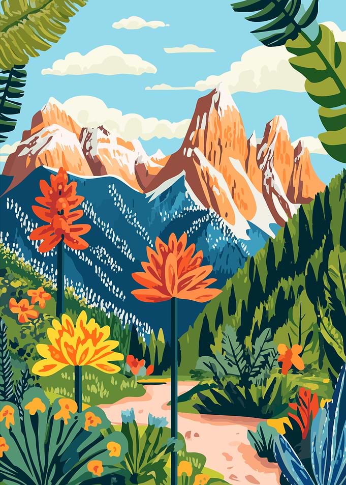 Mountain Nature Flowers Minimalist Art Illustration