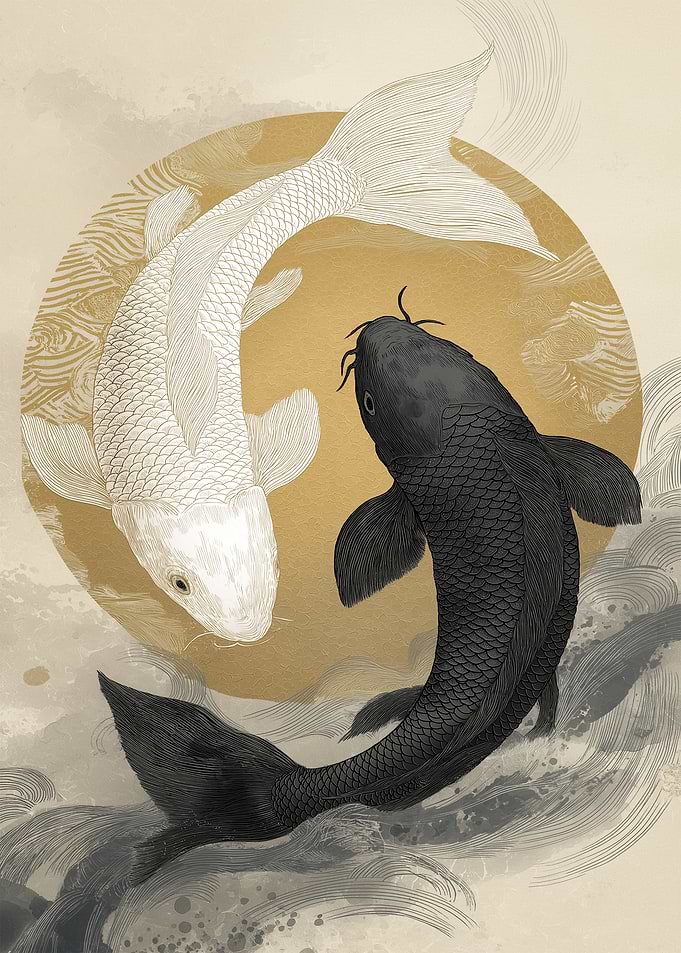 Gold Yin Yang Koi Fish Illustration