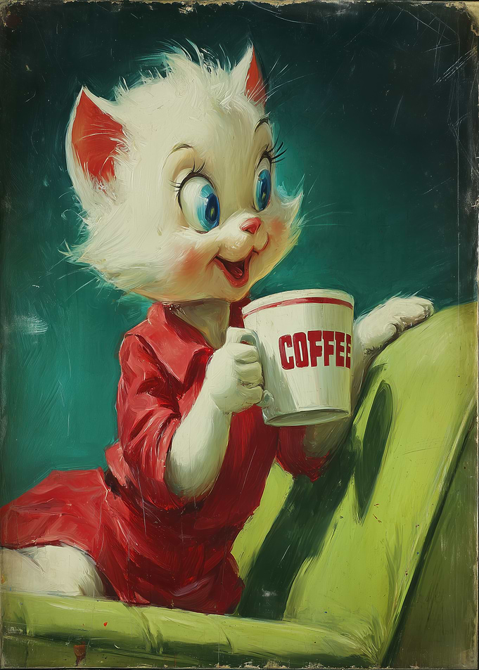 Cartoon Cat with Coffee Mug Painting