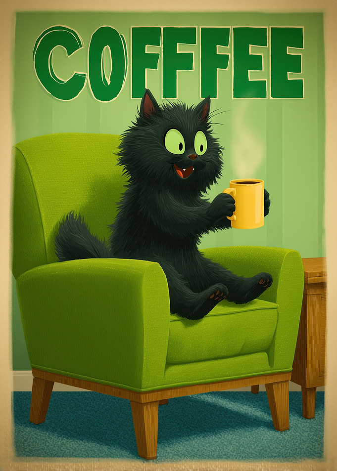 Cartoon Cat Enjoying Coffee in Armchair