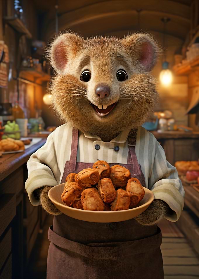 Smiling Quokka Baker Holding Plate of Food