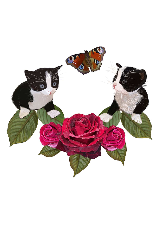 Kittens, Roses, and Butterfly Illustration