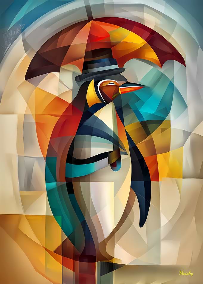 Charming Penguin – Cubist Dandy in the Rain