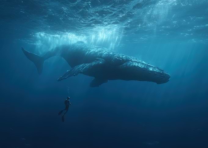 Whale and Diver in Deep Blue