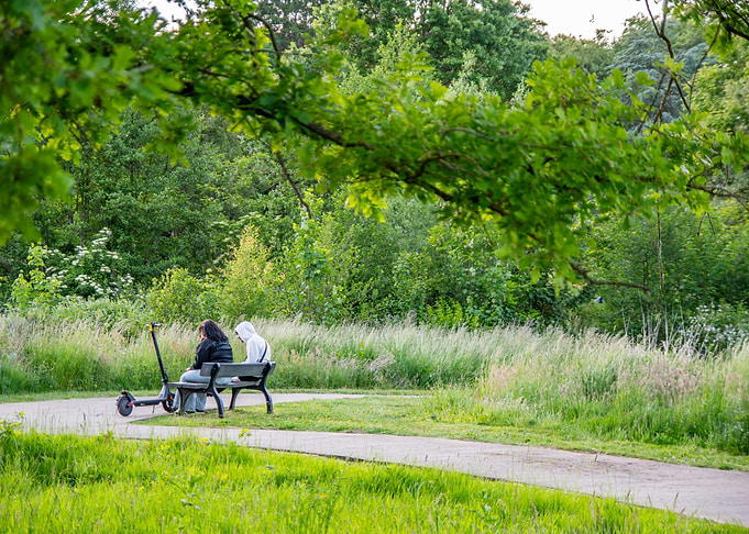 Park bench with people and scooter