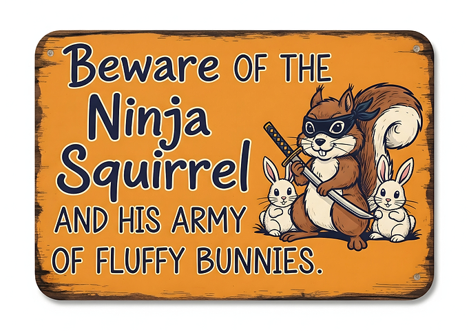 Beware Ninja Squirrel and Fluffy Bunnies Sign