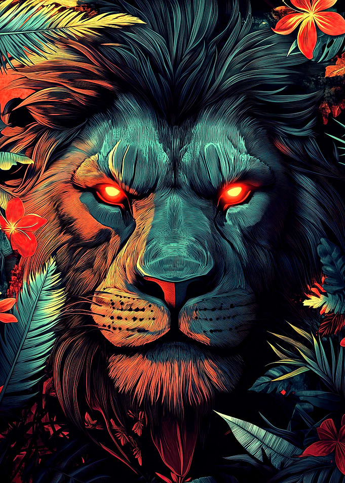 Lion with Glowing Eyes in Jungle