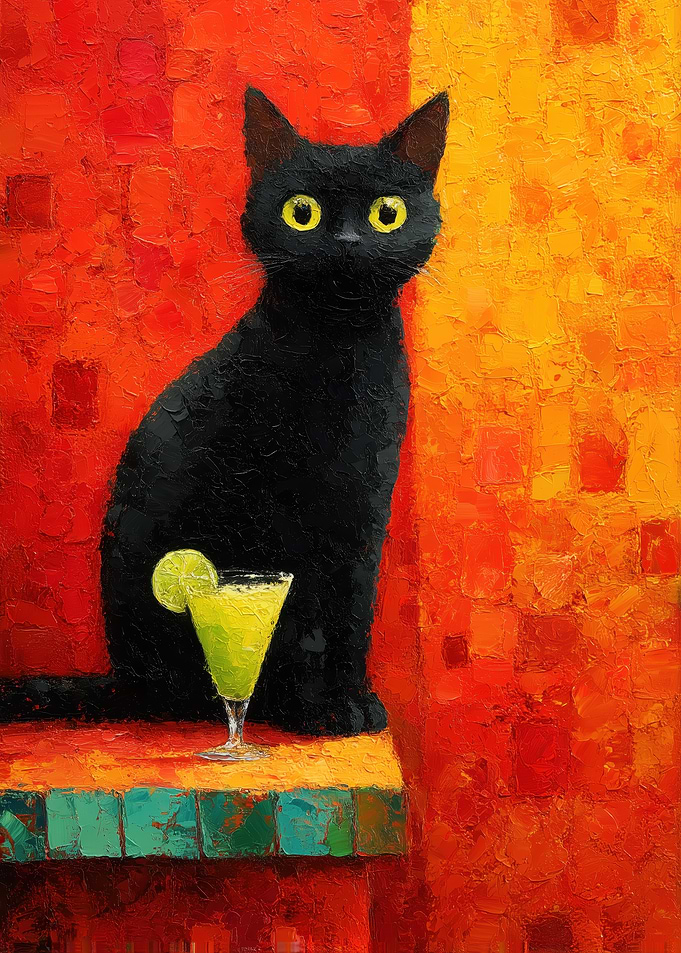 Black Cat with Cocktail Painting