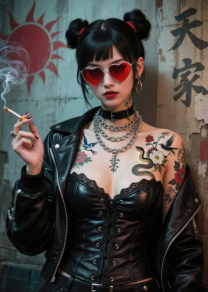Tokyo Girl with Heart-Shaped Red-Tinted Sunglasses and Japanese Tattoos