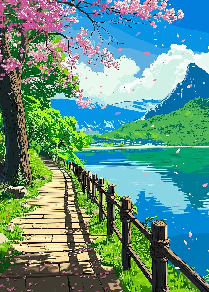 Cherry Blossom Path by Lake